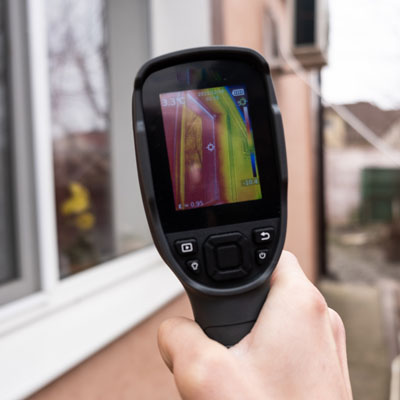A Male Hand Holds A Thermal Imager At The Window Of A House. Search For Heat Loss In Private Houses. A Male Hand Holds A Thermal Imager At The Window Of A House. Search For Heat Loss In Private Houses.