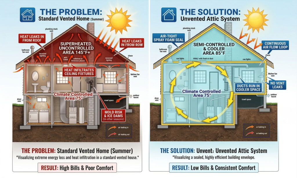A diagram by Seal Tech Insulation comparing a standard vented home at 145°F to an airtight unvented attic system at 85°F, showing superior climate control and energy efficiency.